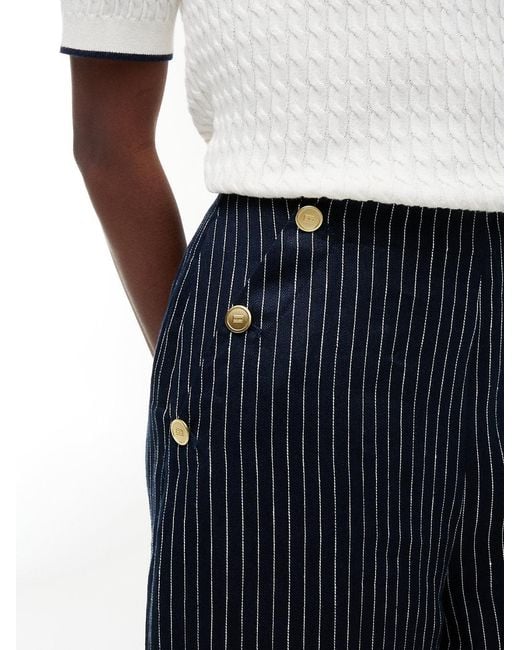 Tommy Hilfiger White Pinstripe-Tone Button Wide Leg Trousers With Linen