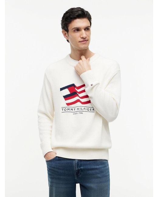 Tommy Hilfiger White Intarsia Flag Relaxed Crew Neck Jumper for men