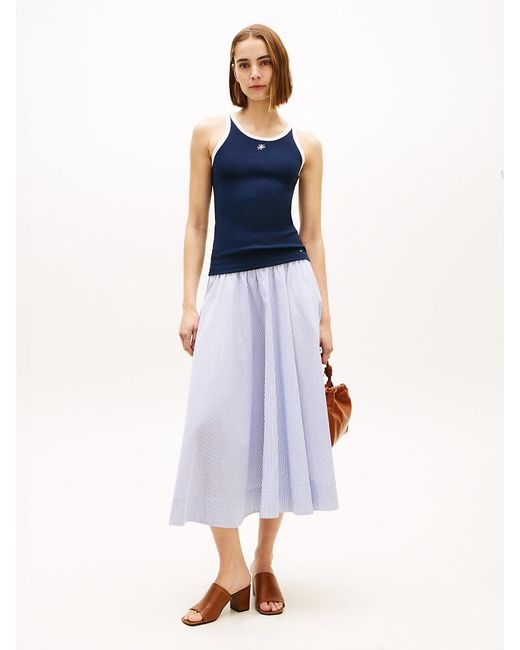 Tommy Hilfiger Blue Logo Waistband Midi A-Line Skirt