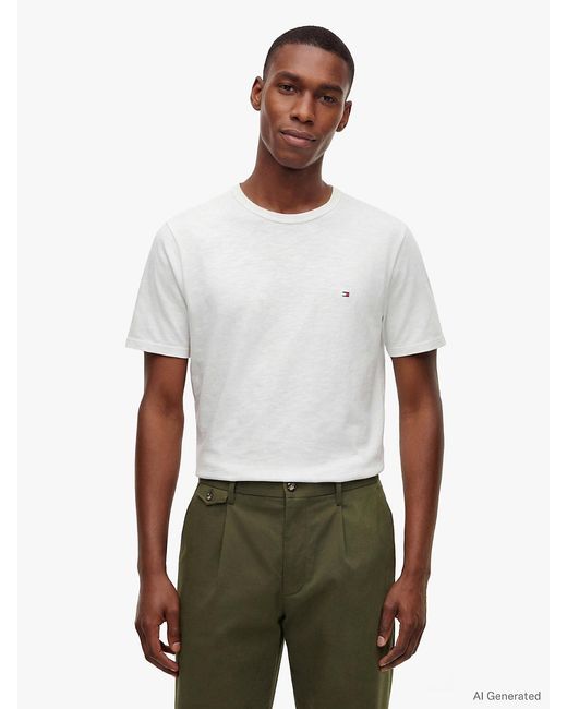 Tommy Hilfiger White Flag Embroidery Textured Crew Neck T-Shirt for men