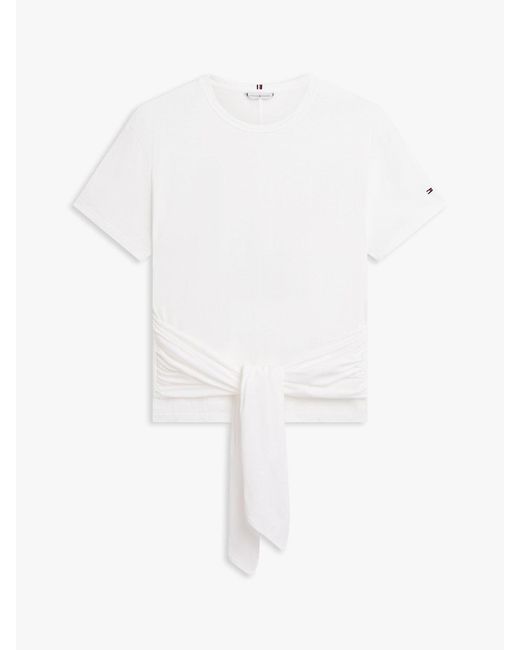 Tommy Hilfiger White Self-Tie Textured Relaxed Crew Neck T-Shirt