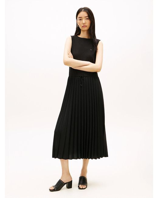 Tommy Hilfiger Black Pleated Sleeveless Slim Midi Dress