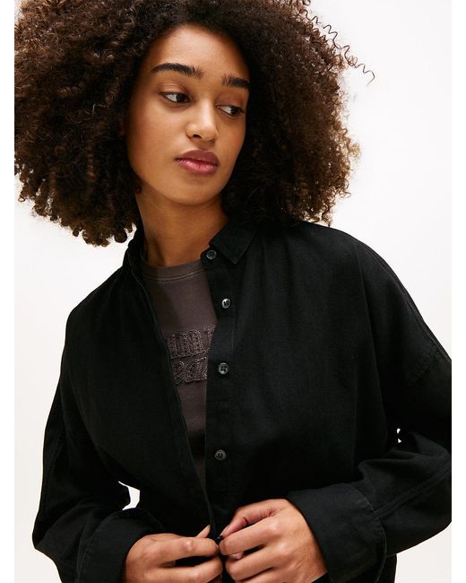 Tommy Hilfiger Black Relaxed Fit Shirttail Hem Denim Shirt