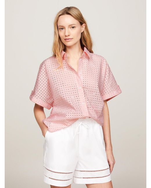 Tommy Hilfiger Pink Broderie Anglaise Oversized Short Sleeve Shirt