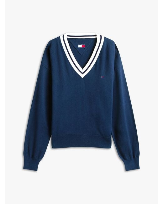 Tommy Hilfiger Blue Relaxed Tipped V-Neck Jumper