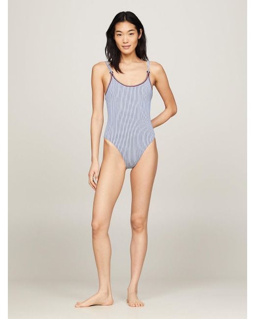Tommy Hilfiger Blue Global Stripe Double Strap One-piece Swimsuit