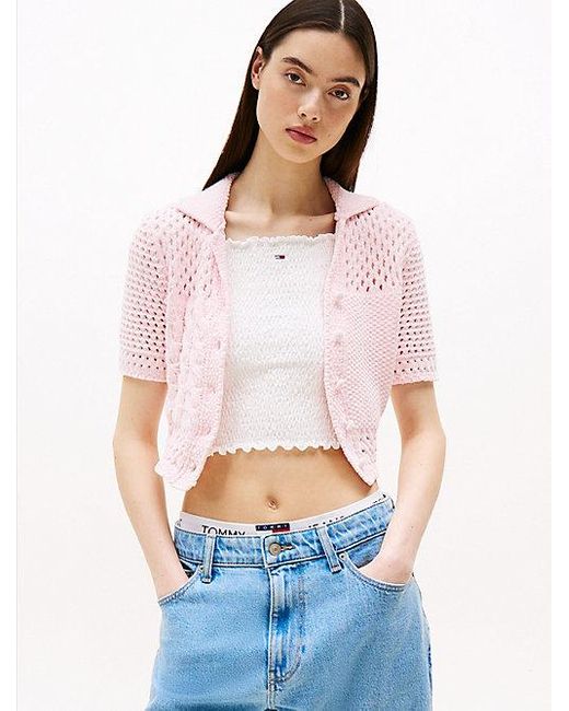 Cárdigan De Manga Corta Con Cuello De Polo Tommy Hilfiger de color White