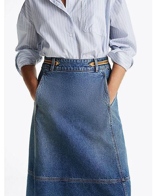 Tommy Hilfiger Denim A-Line Midirok Met Leren Detail in het Blue