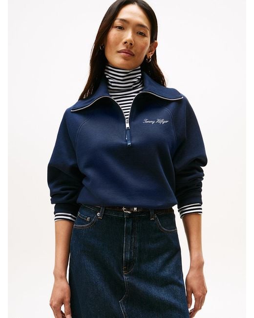 Tommy Hilfiger Blue Interlock Knit Fleece Quarter-zip Jumper