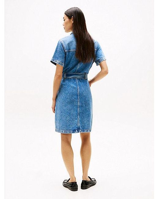 Tommy Hilfiger Denim Mini-Jurk Met Ceintuur En Korte Mouwen in het Blue