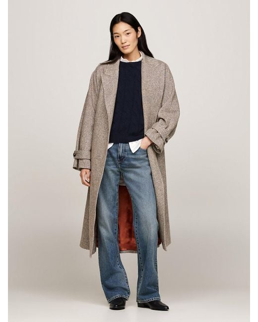 Tommy Hilfiger Blue Herringbone Pure Wool Oversized Trench Coat