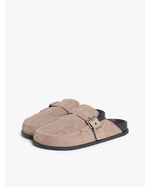 Tommy Hilfiger White Textured Washed Suede Loafer Mules for men