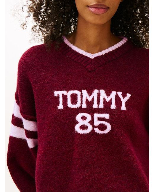 Tommy Hilfiger Red Intarsia Logo V-Neck Relaxed Jumper