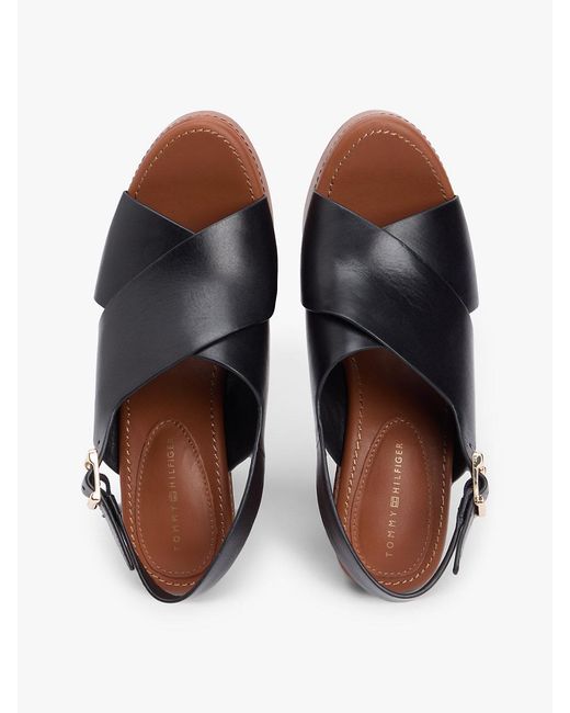 Tommy Hilfiger Black Leather Crossover Strap Block Heel Sandals