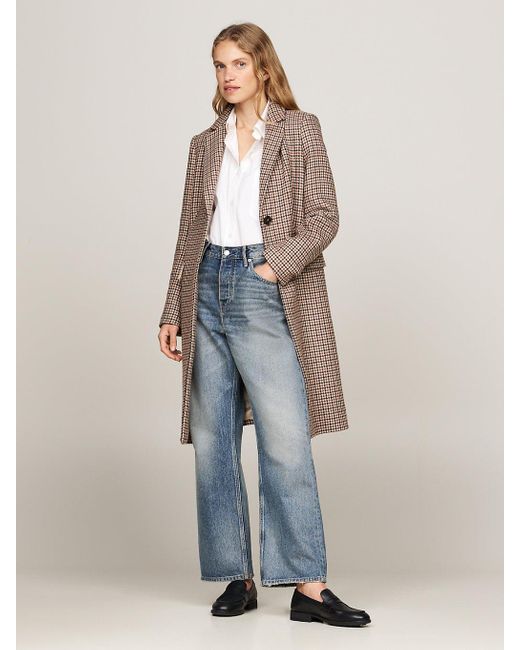 Tommy Hilfiger Blue Houndstooth Check Wool Blend Coat