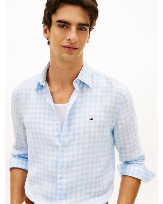 Tommy Hilfiger White Regular Fit Gingham Check Pure Linen Shirt for men
