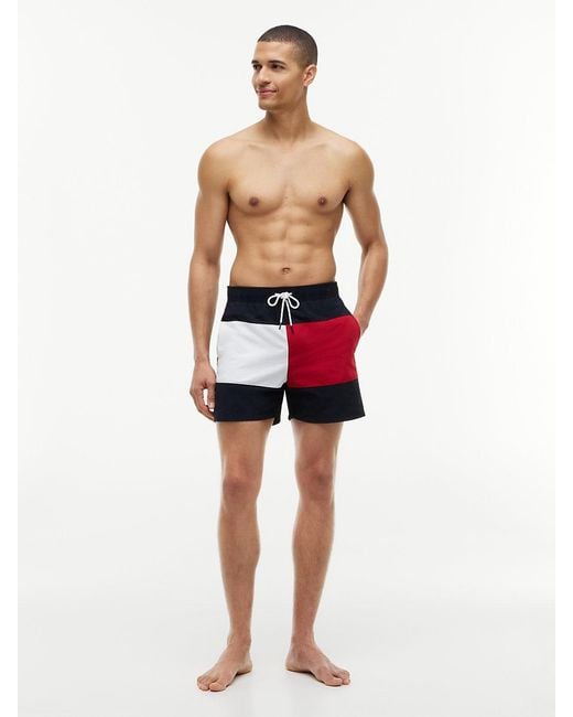 Tommy Hilfiger Red Classic Colour-Blocked Mid Length Swim Shorts for men
