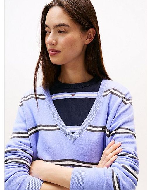 Tommy Hilfiger Trui Met V-Hals En Geborduurde Vlag in het Blue