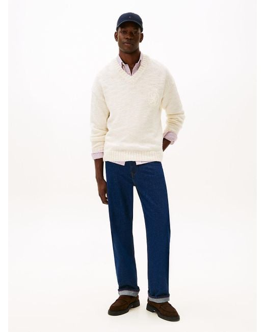 Pull En Laine Mélangée À Col En V Tommy Hilfiger pour homme en coloris White