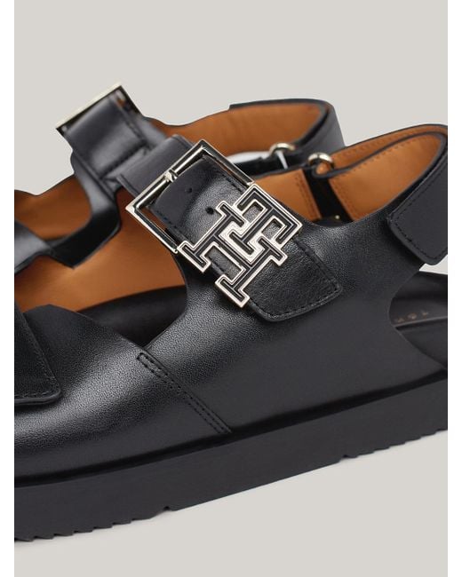 Sandales en cuir à scratchs et monogramme Tommy Hilfiger en coloris Black