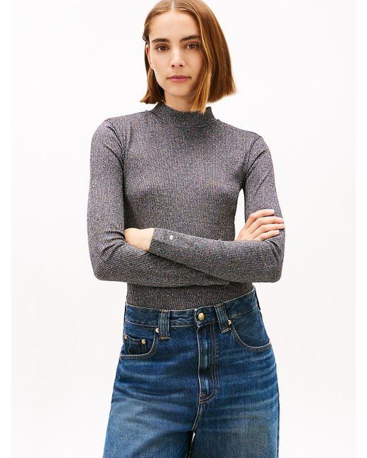 Tommy Hilfiger Gray Festive Metallic Slim Long Sleeve Top