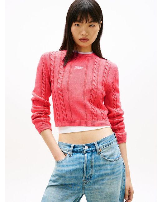 Tommy Hilfiger Red Logo Embroidery Cable Knit Slim Jumper