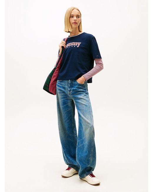 Tommy Hilfiger Blue S Short Sleeve Cotton Graphic T-shirt With Applique Logo Detail