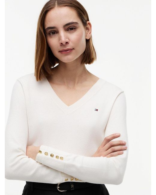Tommy Hilfiger Blue Gold-tone Button Cuff V-neck Jumper