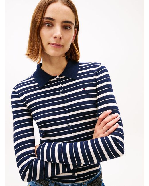 Tommy Hilfiger Blue Polo Collar Slim Cardigan With Silk