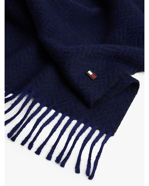 Tommy Hilfiger Blue Pure Wool Herringbone Fringed Scarf for men