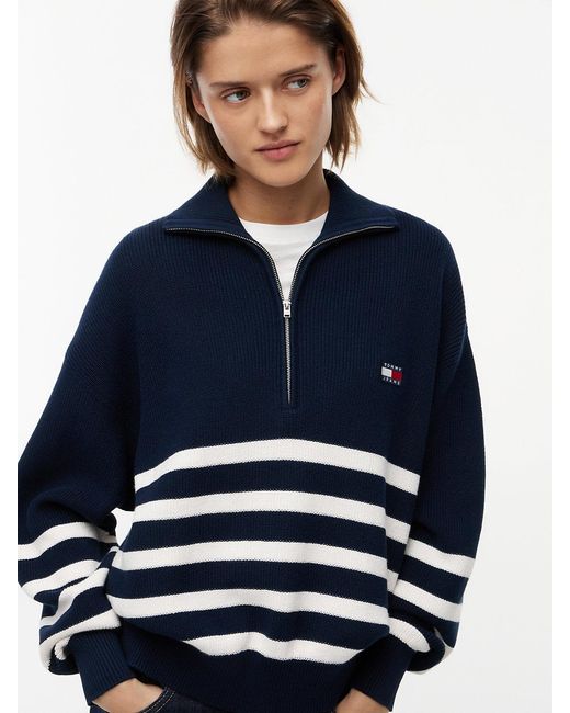 Tommy Hilfiger Blue Tommy Badge Stripe Quarter-Zip Jumper