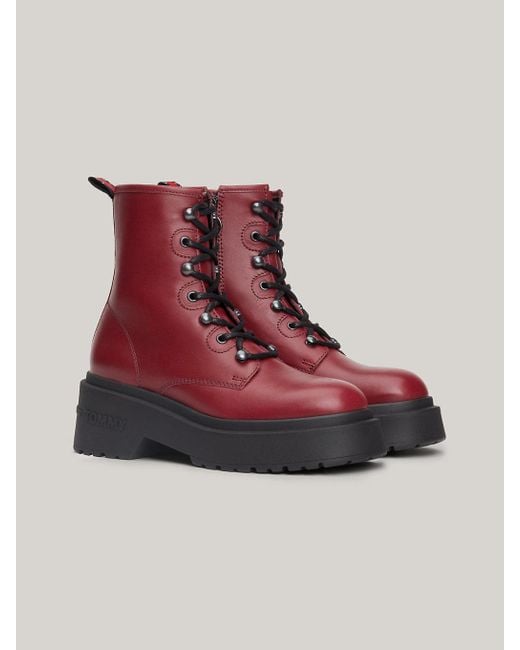Tommy Hilfiger Red Chunky Leather Lace-up Boots