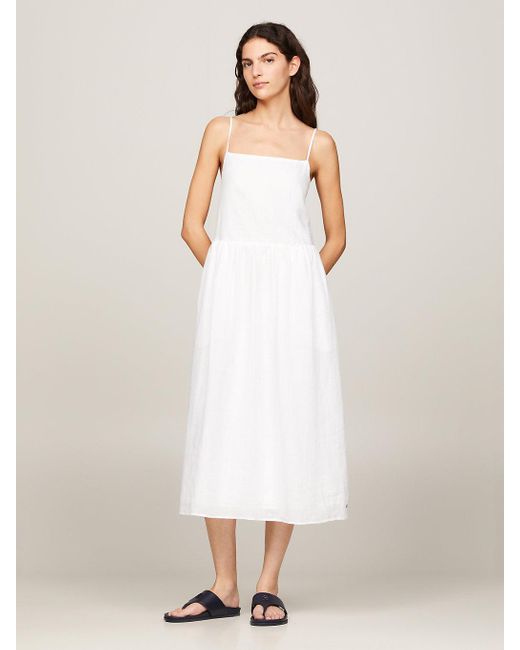 Tommy Hilfiger Linen Sleeveless Midi Slip Dress in White | Lyst UK