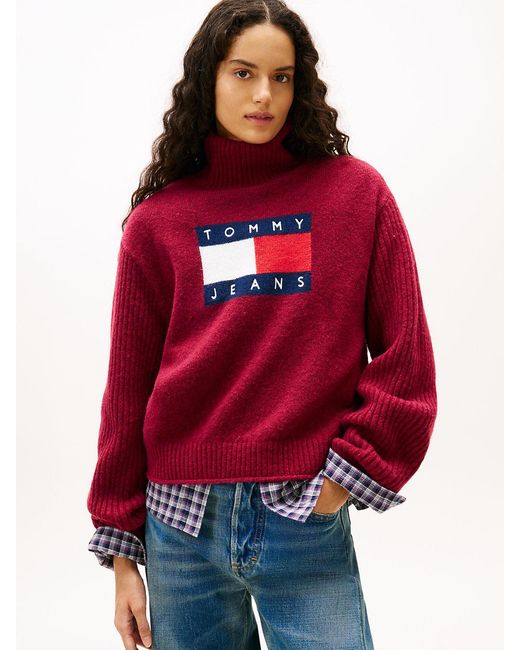 Tommy Hilfiger Red Tommy Flag Intarsia Relaxed Turtleneck Jumper