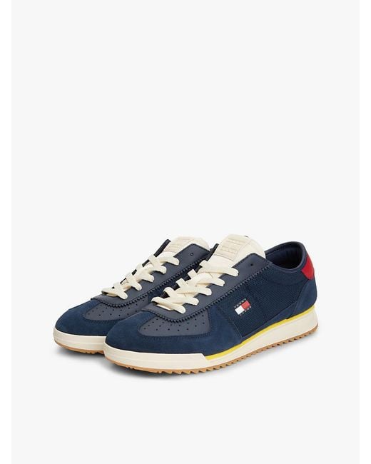 Tommy Hilfiger Blue Retro Leather Mixed Texture Serrated Trainers for men