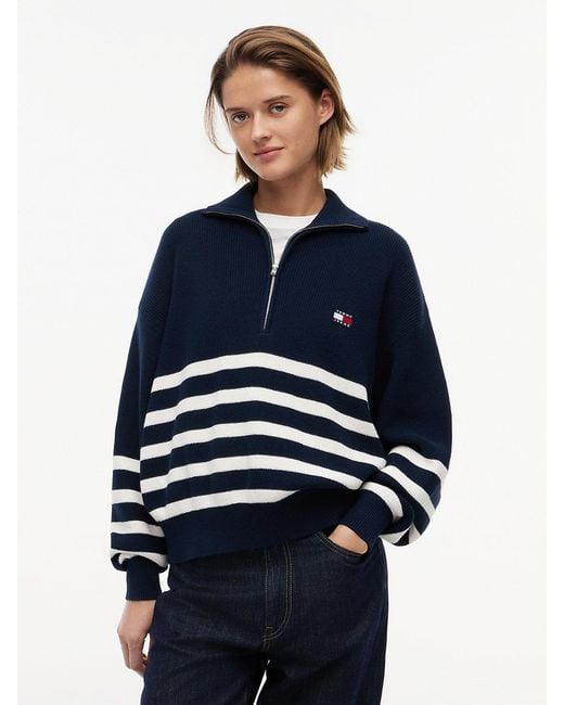 Tommy Hilfiger Blue Tommy Badge Stripe Quarter-Zip Jumper