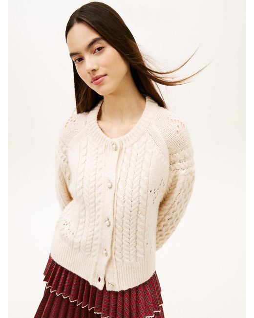 Tommy Hilfiger Natural Tommy Girl Wool Blend Cable Knit Relaxed Cardigan