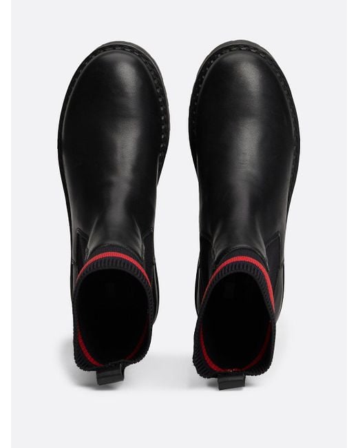 Tommy Hilfiger Black Leather Cleat Flatform Chelsea Sock Boots