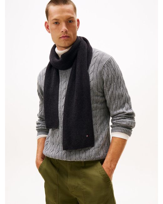 Tommy Hilfiger Gray Hilfiger Flag Embroidery Ribbed Scarf for men
