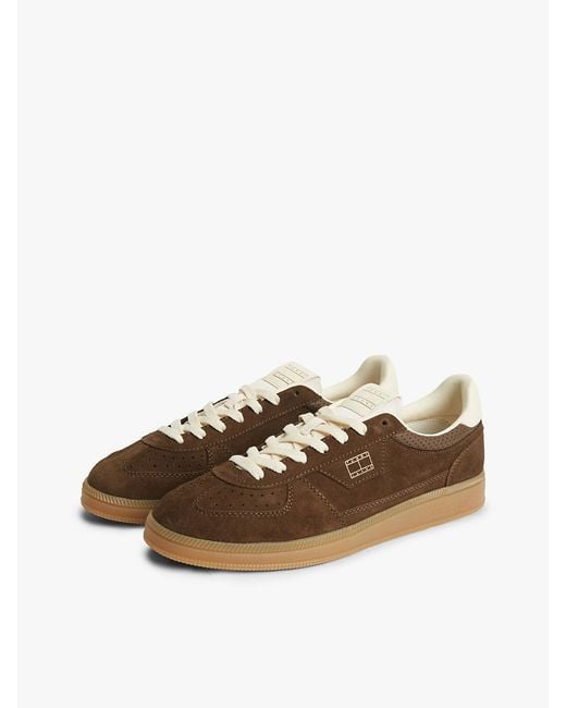 Tommy Hilfiger Brown The Greenwich Metallic Logo Suede Trainers for men