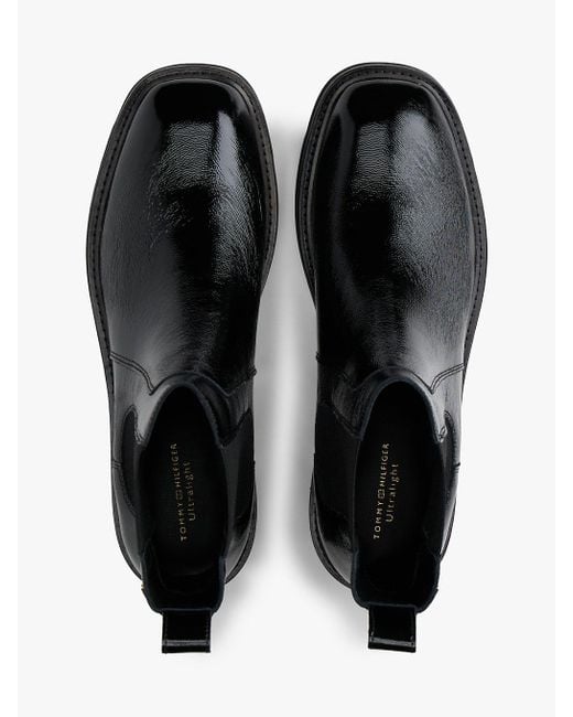 Tommy Hilfiger Black Patent Crinkle Leather Chelsea Boots
