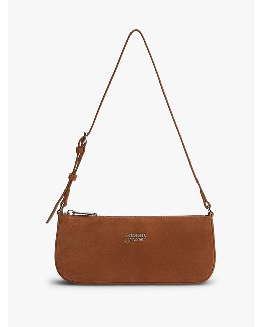 Tommy Hilfiger Brown Suede Metal Logo Shoulder Bag