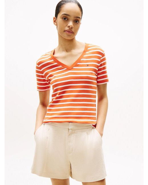 T-Shirt Ajusté À Col En V Tommy Hilfiger en coloris Orange