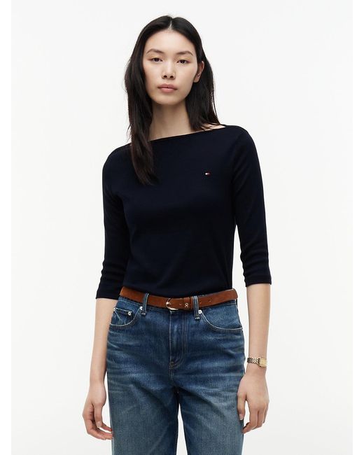 Tommy Hilfiger Blue Slim Three-Quarter Sleeve Boat Neck T-Shirt