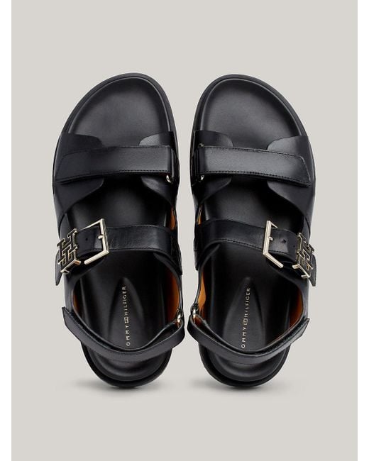 Tommy Hilfiger Black Th Monogram Hook And Loop Leather Sandals