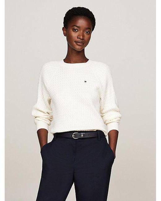 Tommy Hilfiger White Relaxed Fit Pullover Mit Mini-Zopfstrickmuster