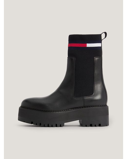 Tommy Hilfiger Black Leather Flatform Chelsea Cleat Sock Boots
