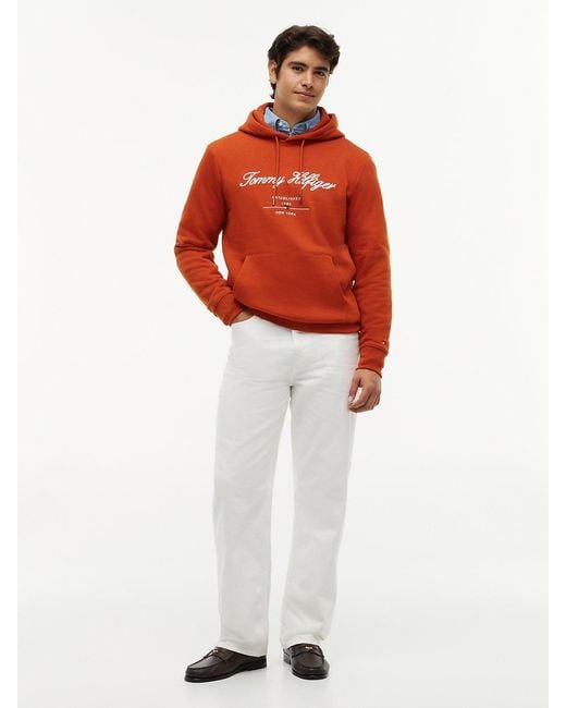 Tommy Hilfiger Orange Logo Embroidery Fleece Hoody for men