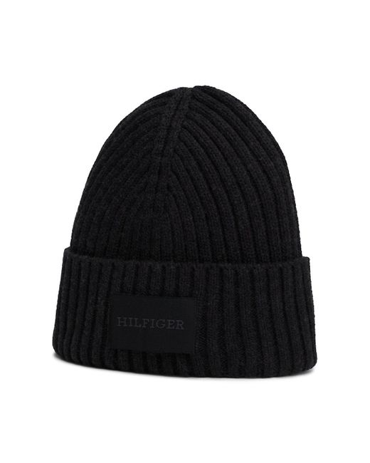 Tommy Hilfiger Black Hilfiger Monotype Rib-knit Beanie With Wool for men