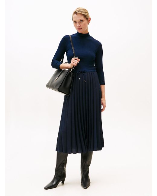 Tommy Hilfiger Blue Pleated Midi Fit And Flare Dress